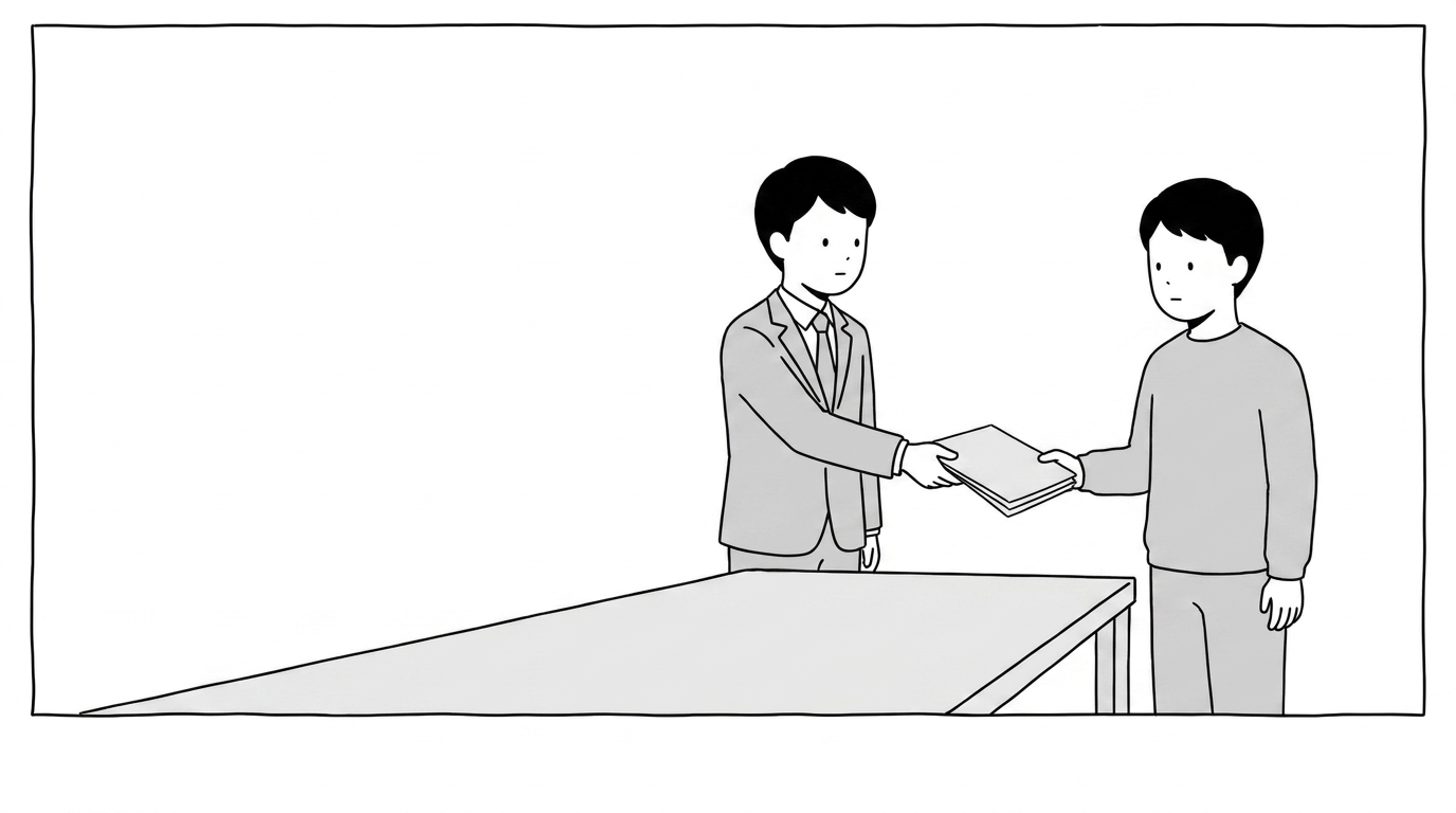 The agent hands the asker the stack of blank sheets across t