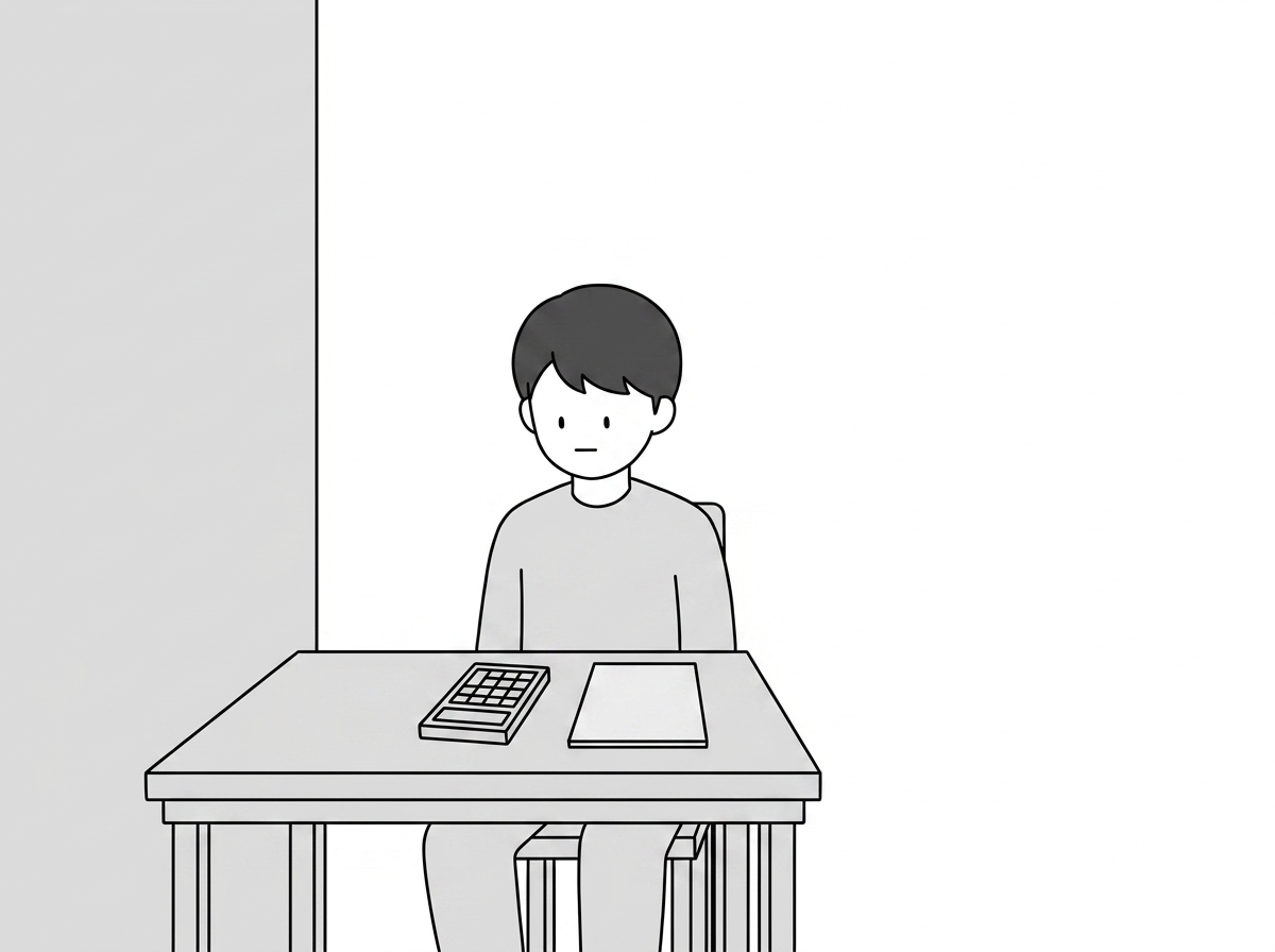 The asker sits at a bare table with a calculator and a blank