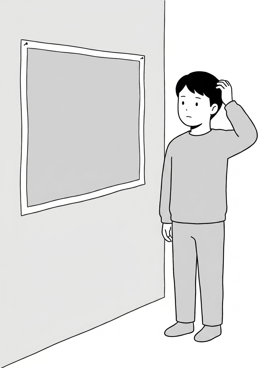 The asker stands facing a large blank paper map pinned on a 
