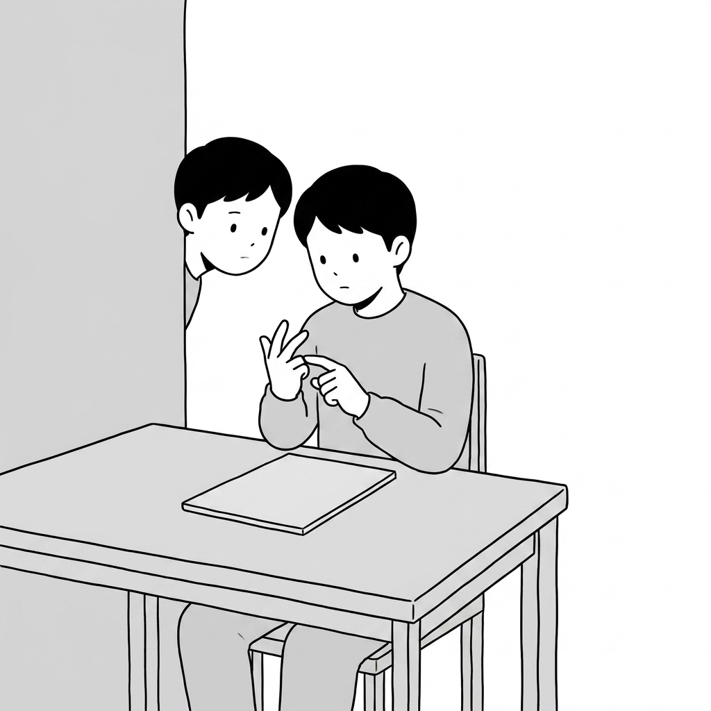 The asker sits at a bare table counting on his fingers, a bl