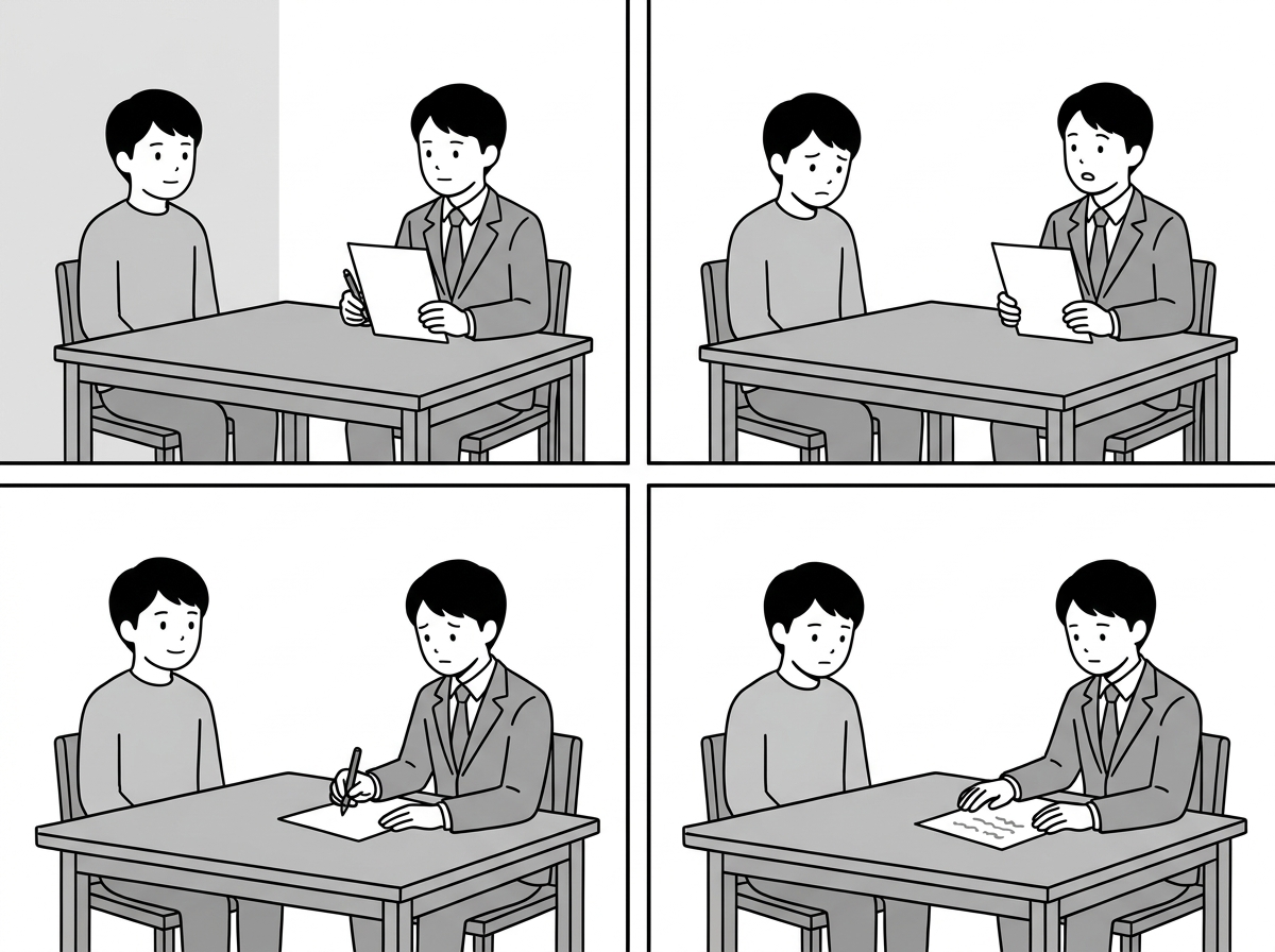 The asker and the agent sit facing each other at a bare tabl
