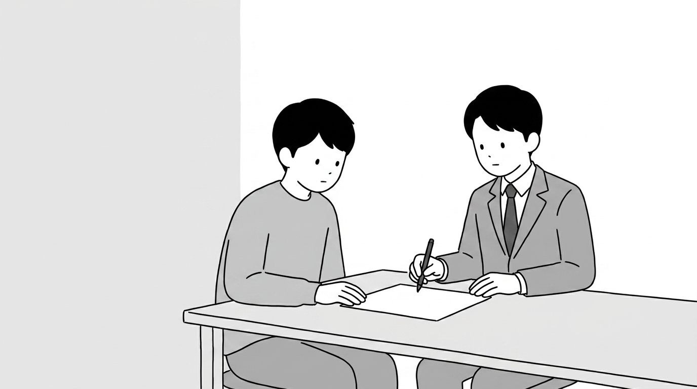The asker and the agent sit at a bare table, the agent tappi
