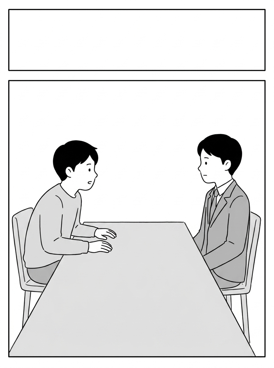 The asker and the agent sit at a bare table, the asker leani