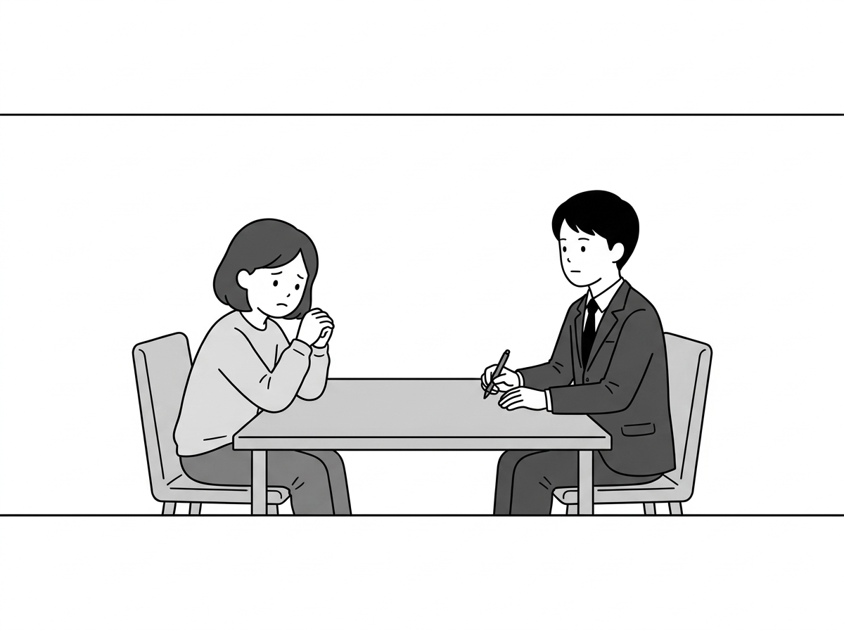 Same bare consultation office throughout: one plain table, t