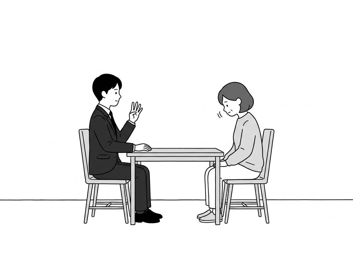 Same bare consultation office throughout: one plain table, t