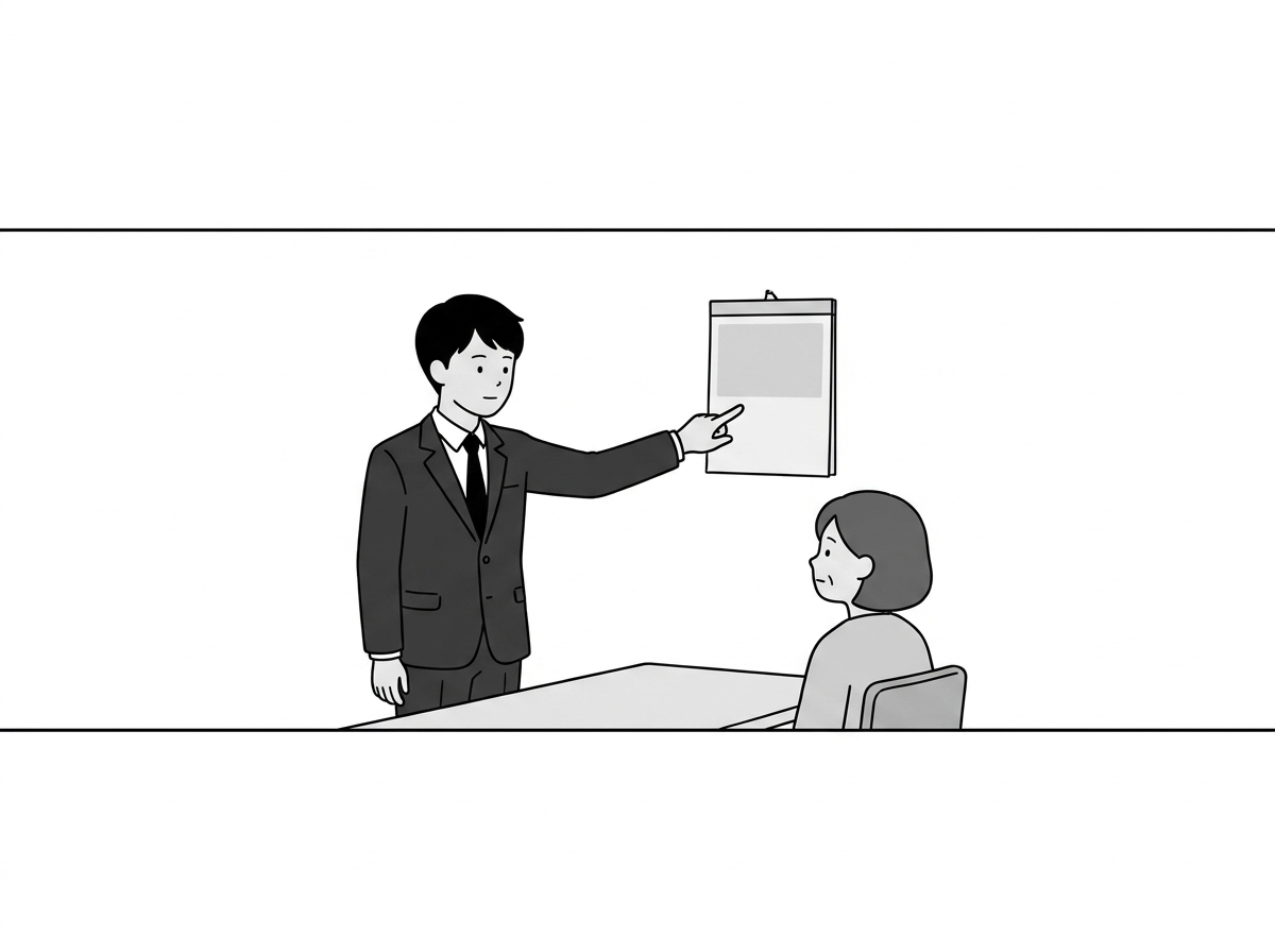 Same bare consultation office throughout: one plain table, t