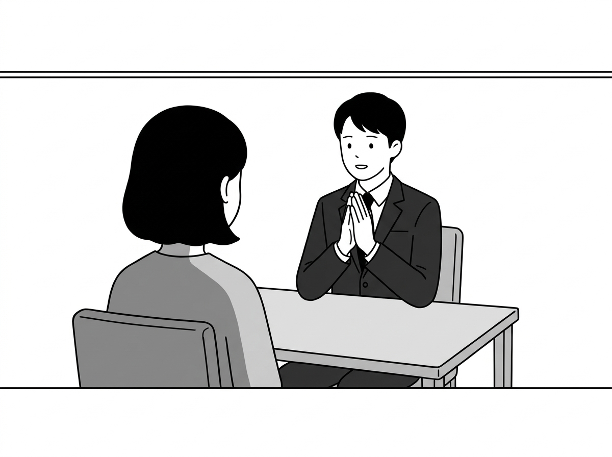 Same bare consultation office throughout: one plain table, t