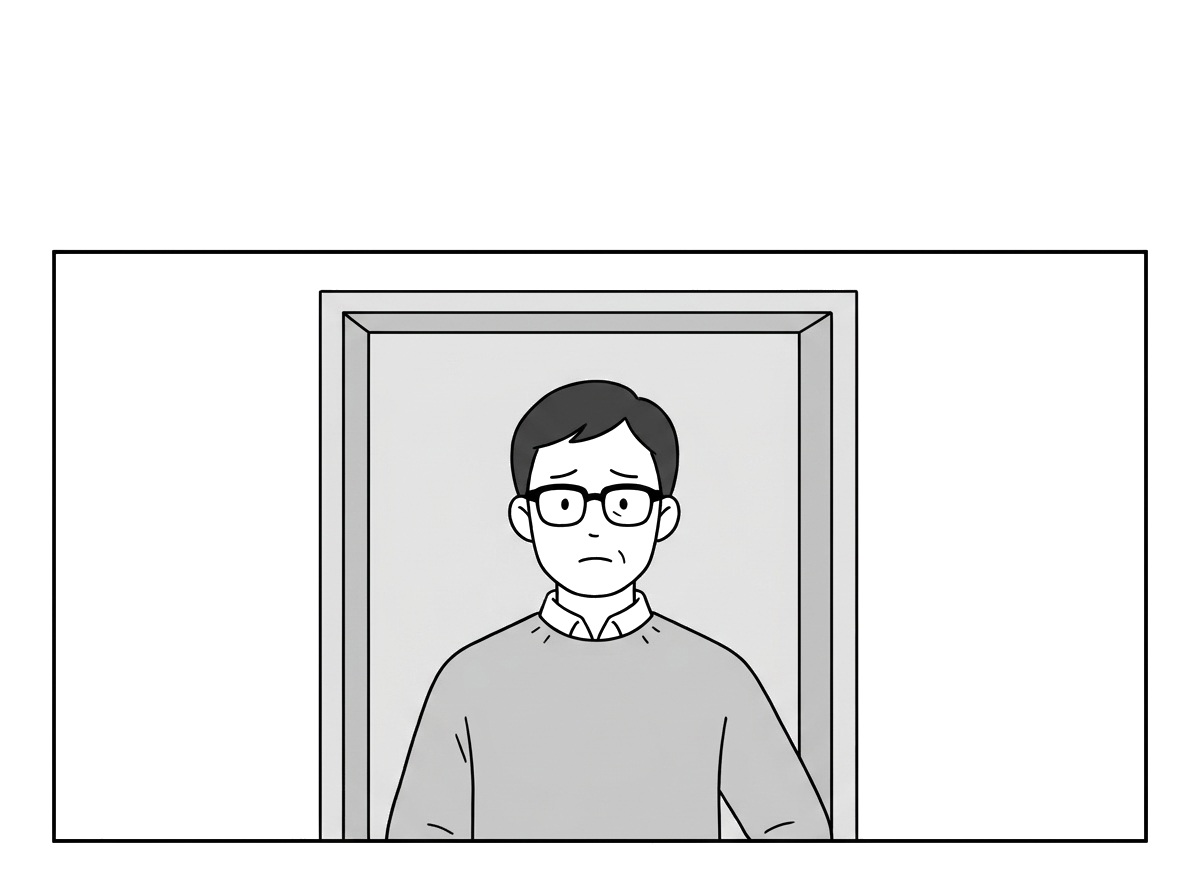 Still at the apartment doorway. BUST SHOT of the landlord, a