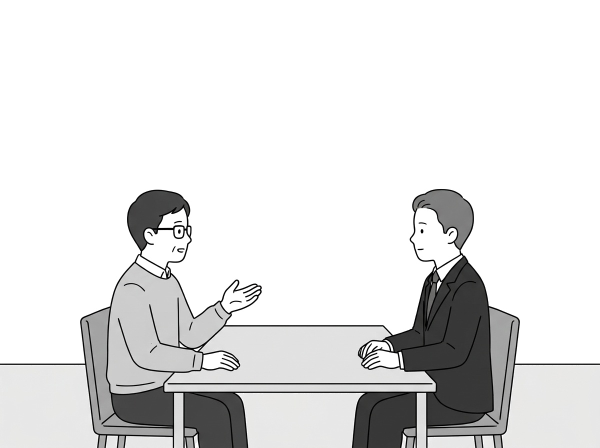 Same mono style. WIDE SHOT of the landlord and the expert se