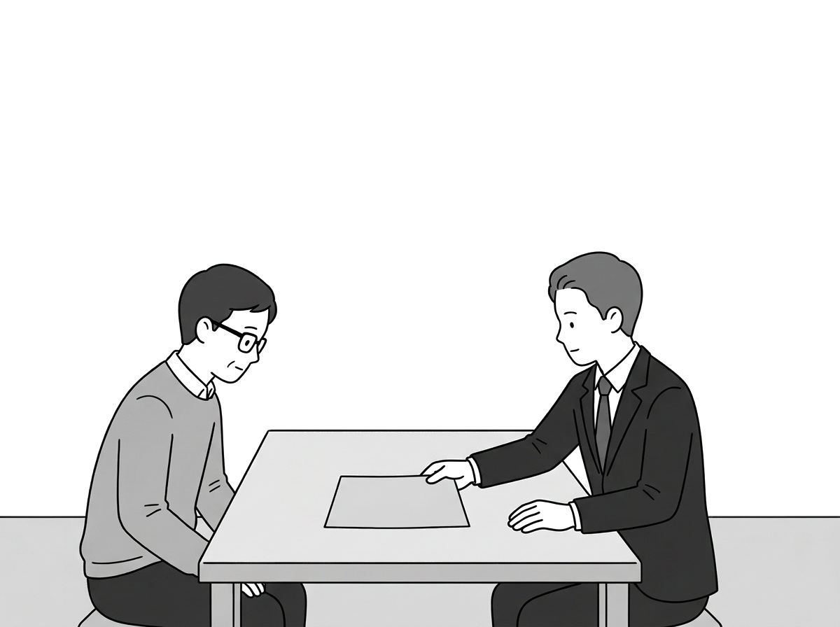 Same office, same table. MEDIUM SHOT. The expert pushes a si